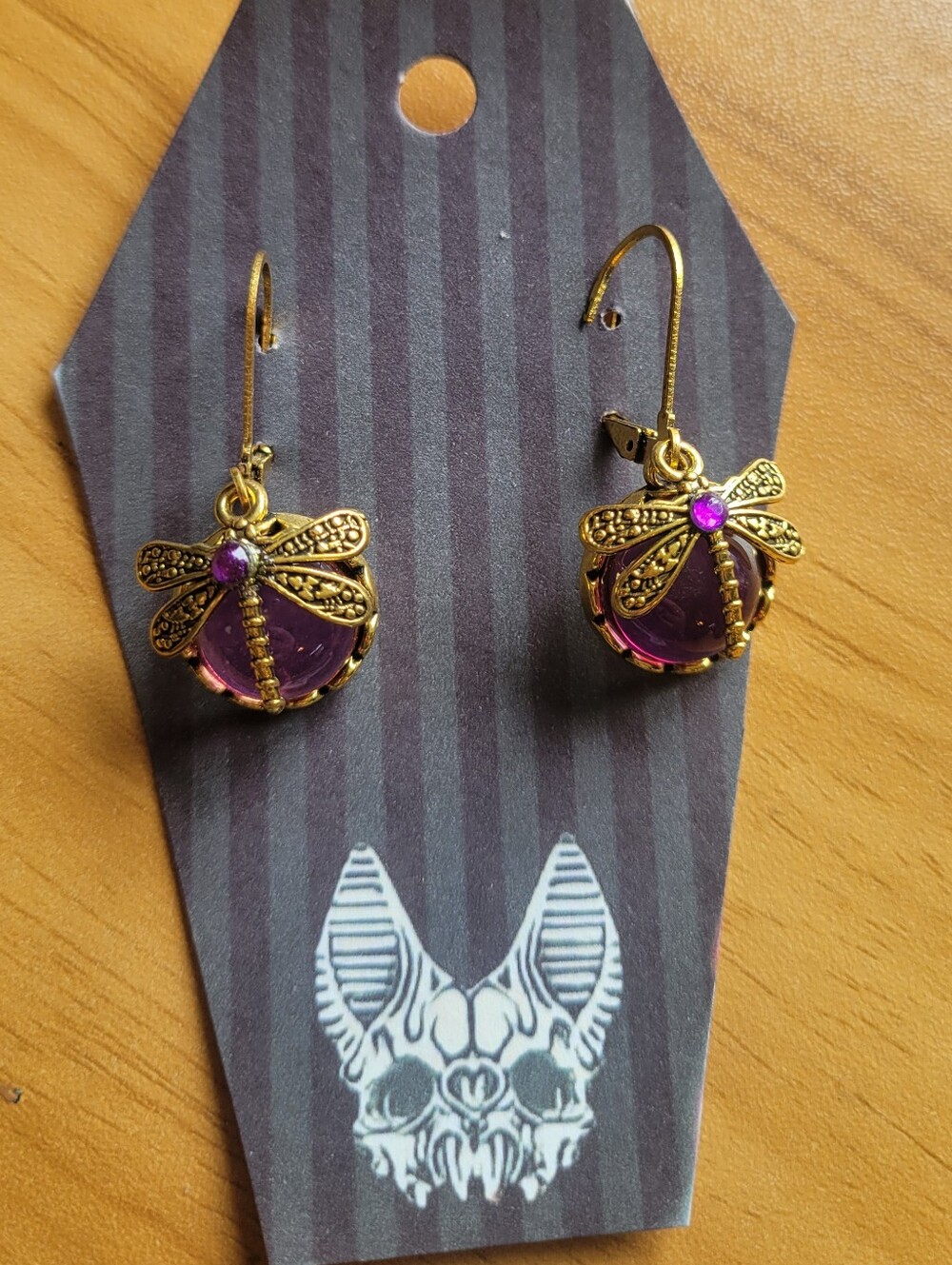 💀NEW💀 Bronze  Dragonfly Purple Glass Drop Earrings